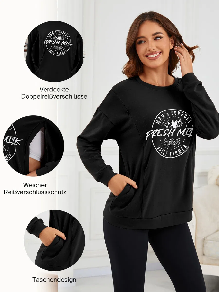 Maglietta da donna a maniche lunghe, casual, con chiusura lampo invisibile, per l'allattamento, alla moda, con tasca