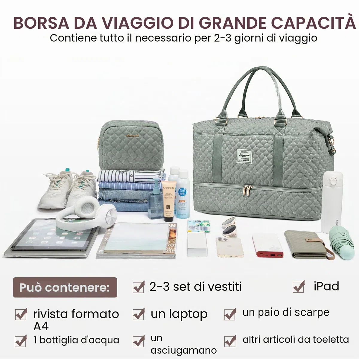 LOVEVOOK Borsone da Viaggio Donna Borsa Palestra Donna Bagaglio a Mano Easyjet Cabin Bag Weekend Travel Duffel Gym Bag con Organizer Valigia Grande Borsa Parto Ospedale Mamma Nascita per Aereo Fitness