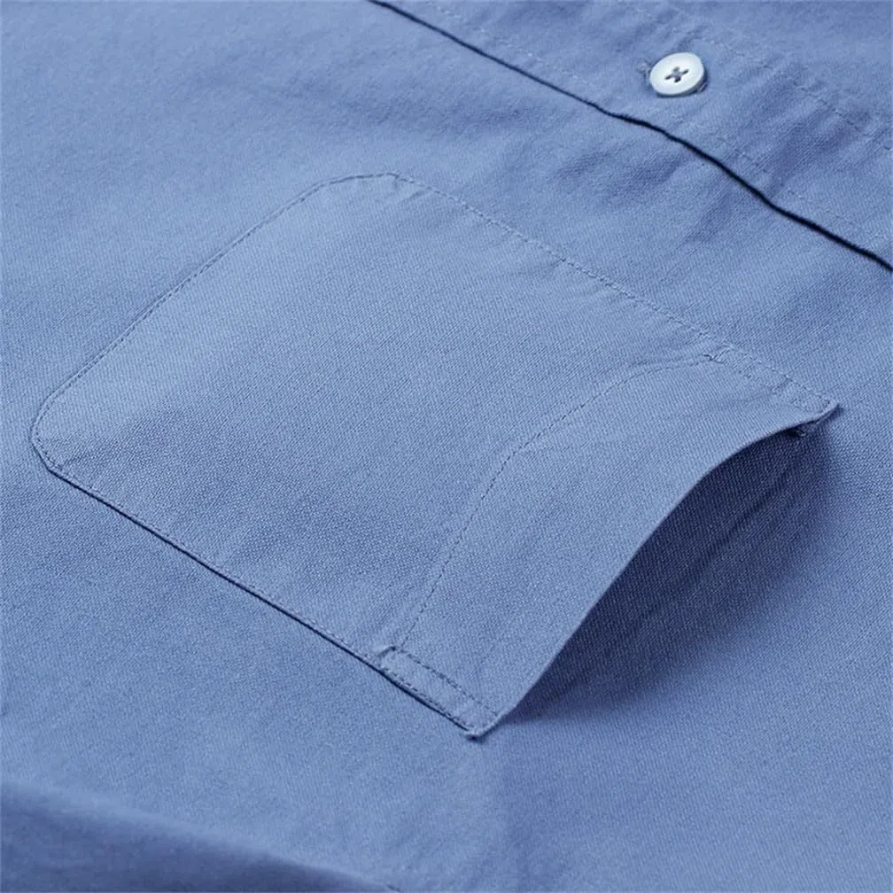 Camicia casual da uomo in cotone tinta unita a maniche lunghe con colletto a bottoni camicia da lavoro con tasca sul petto