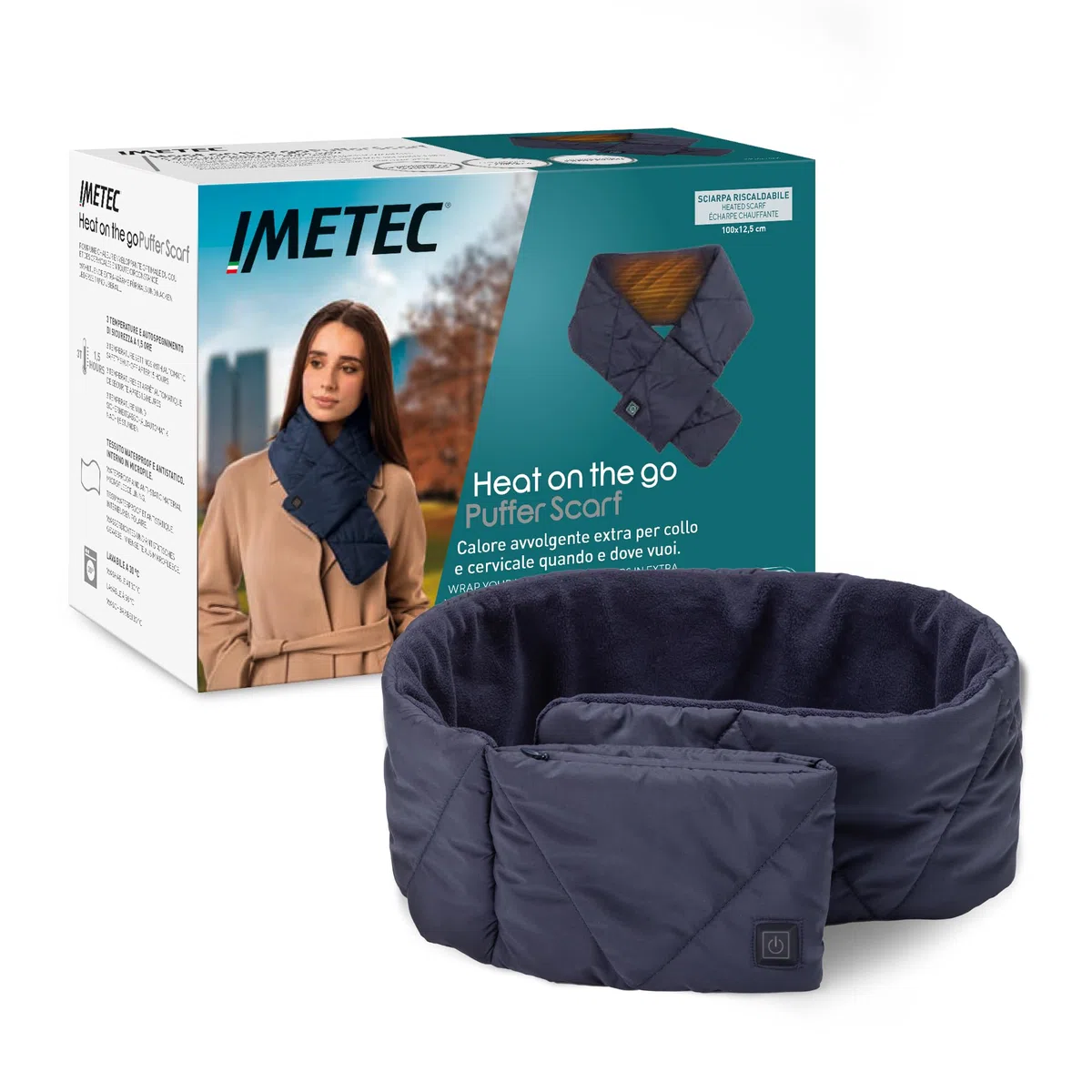 Imetec Heat On The Go Puffer Scarf - Sciarpa Riscaldante Cordless 3 Temperature, Blu - Calore Extra per Collo e Cervicale, Senza Fili Ricaricabile con Powerbank (non incluso)