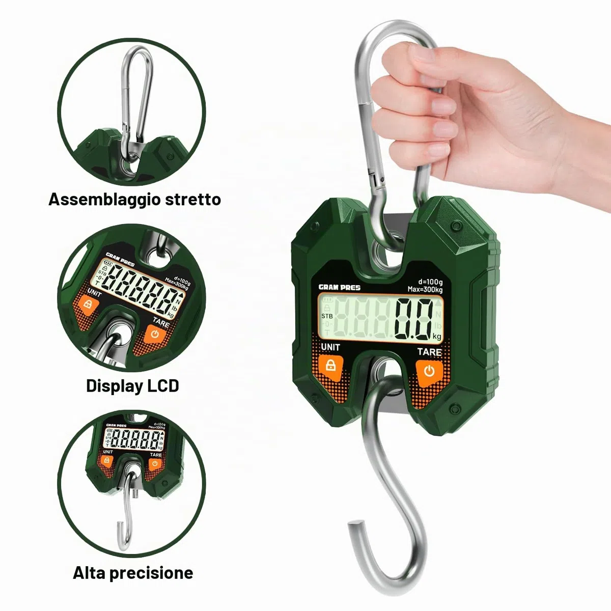 GRAM PRES Bilancia sospesa digitale 660LB/300KG, mini bilancia portatile per caccia ai cervi, digitale per bagagli con ganci