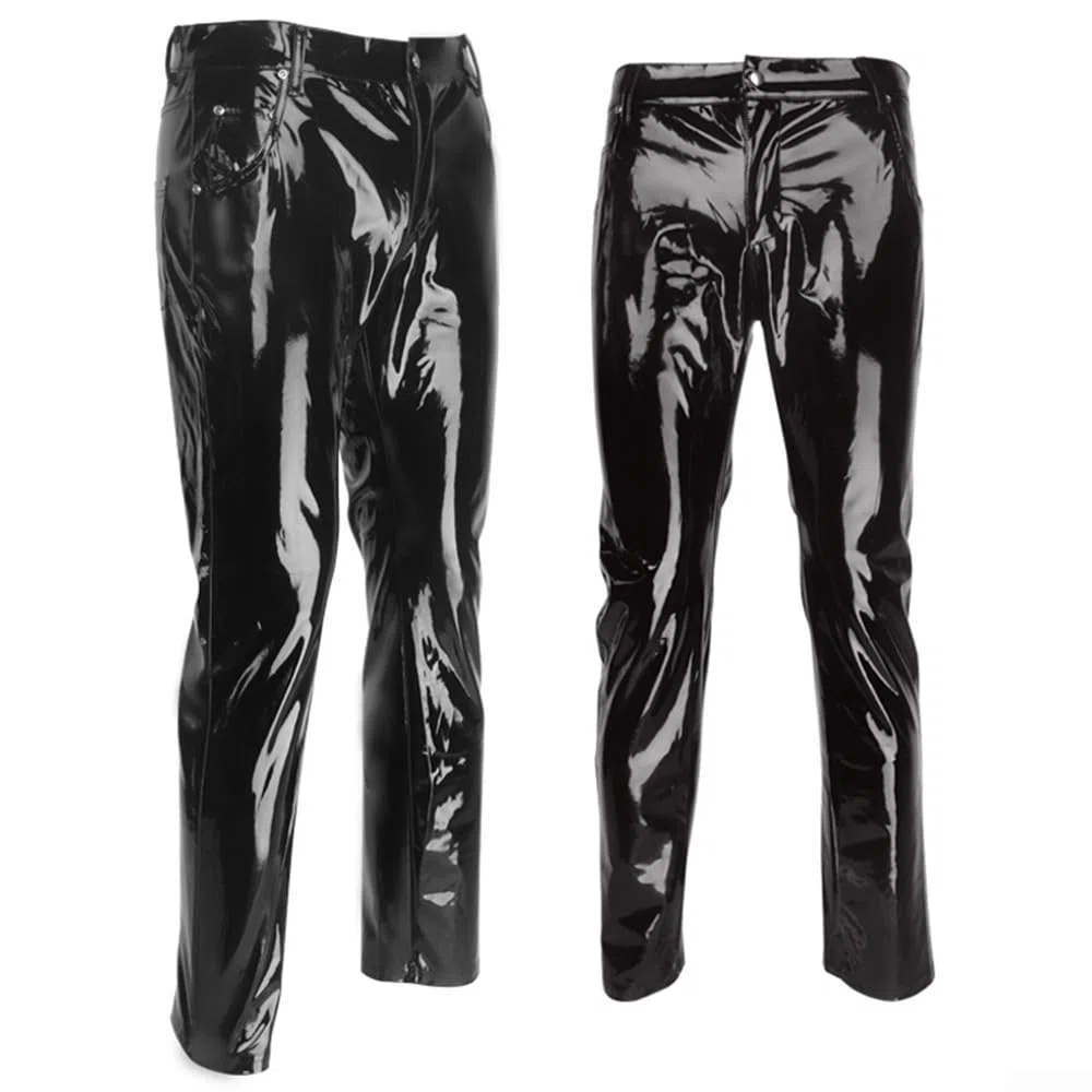 Pantaloni lunghi da uomo in PVC nero lucido, ideali per eventi di club e danza (L Nero)