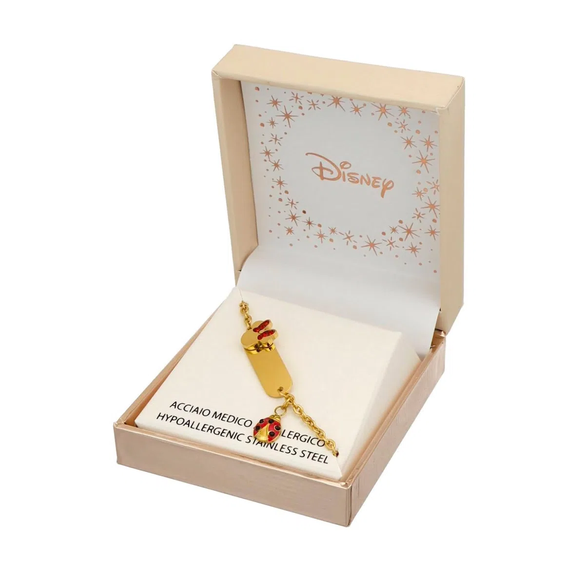 Disney Bracciale Lucky Minnie Collezione Acciaio, Colore Oro, con Coccinella Rossa, Gioielli Bambine e Bambini, 18cm