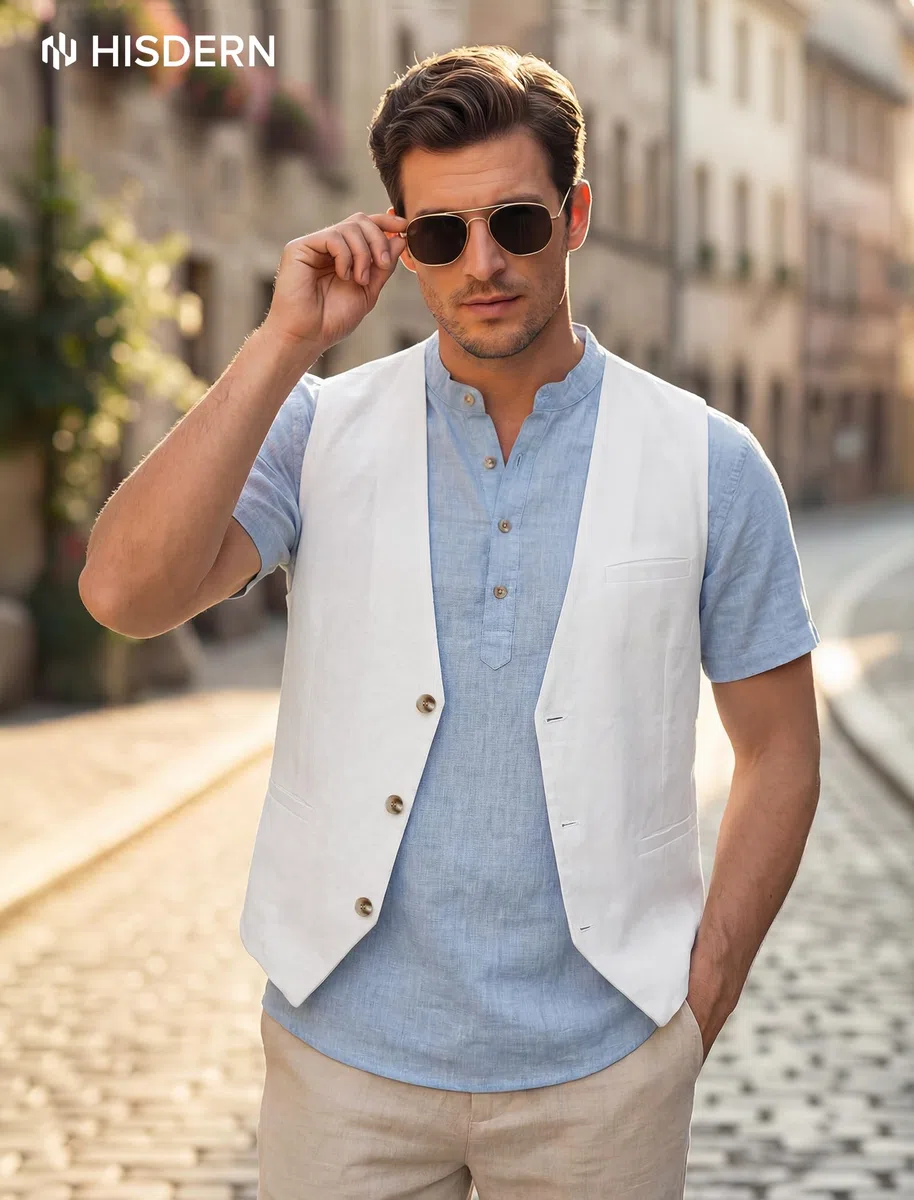 HISDERN Gilet estivo da uomo in cotone e lino modello casual in tinta unita con tasche