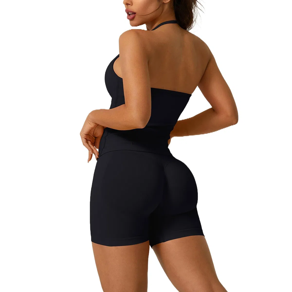 Set da palestra senza cuciture per le donne 2 pezzi Halter Crop Top reggiseni sportivi nascosti pantaloncini scrunch abiti da yoga tuta Activewear