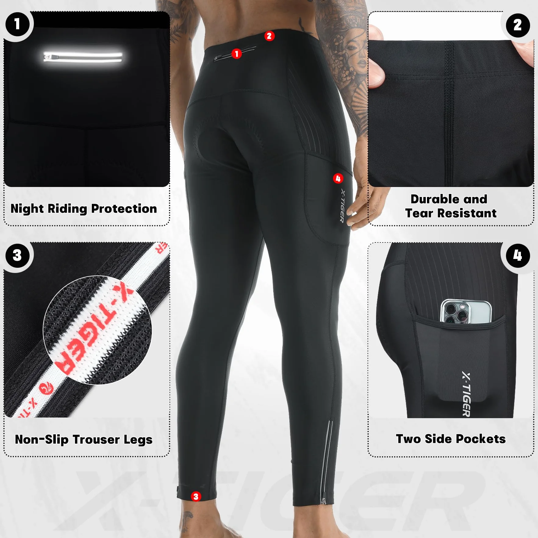 X-TIGER Pantaloni Lunghi Ciclismo Uomo 5D Gel Imbottito,Compression Mutande MTB Pantaloni Traspirante Asciugatura Rapida con 3 Tasche