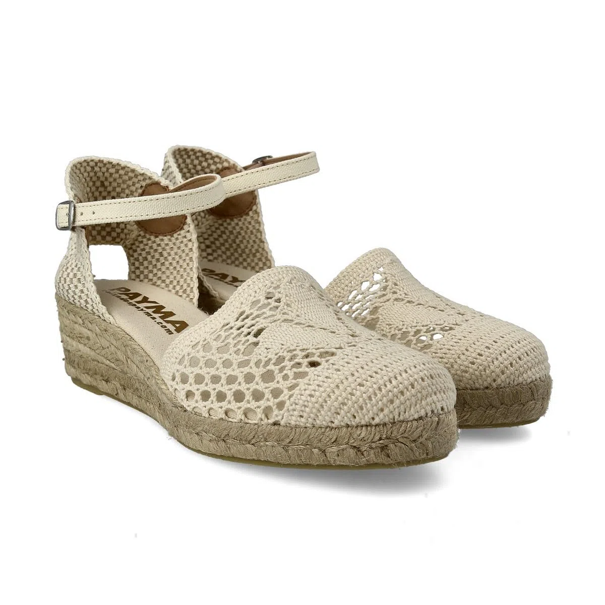 Sandali Bassi con Zeppa de Juta Sparto per Donna. Fatto in Spagna all'uncinetto. Espadrillas con Tacco Basso. Suola Imbottita in Tessuto. Fibbia o Cinturini alla Caviglia