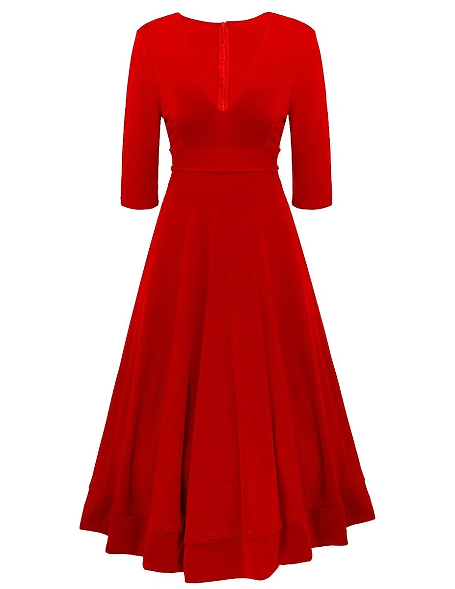 Donna Vestiti Lunghi da Matrimonio Elegante Collo V Vestito A Pieghe Skater Abito Maxi Damigella Sera Cerimonia Inverno
