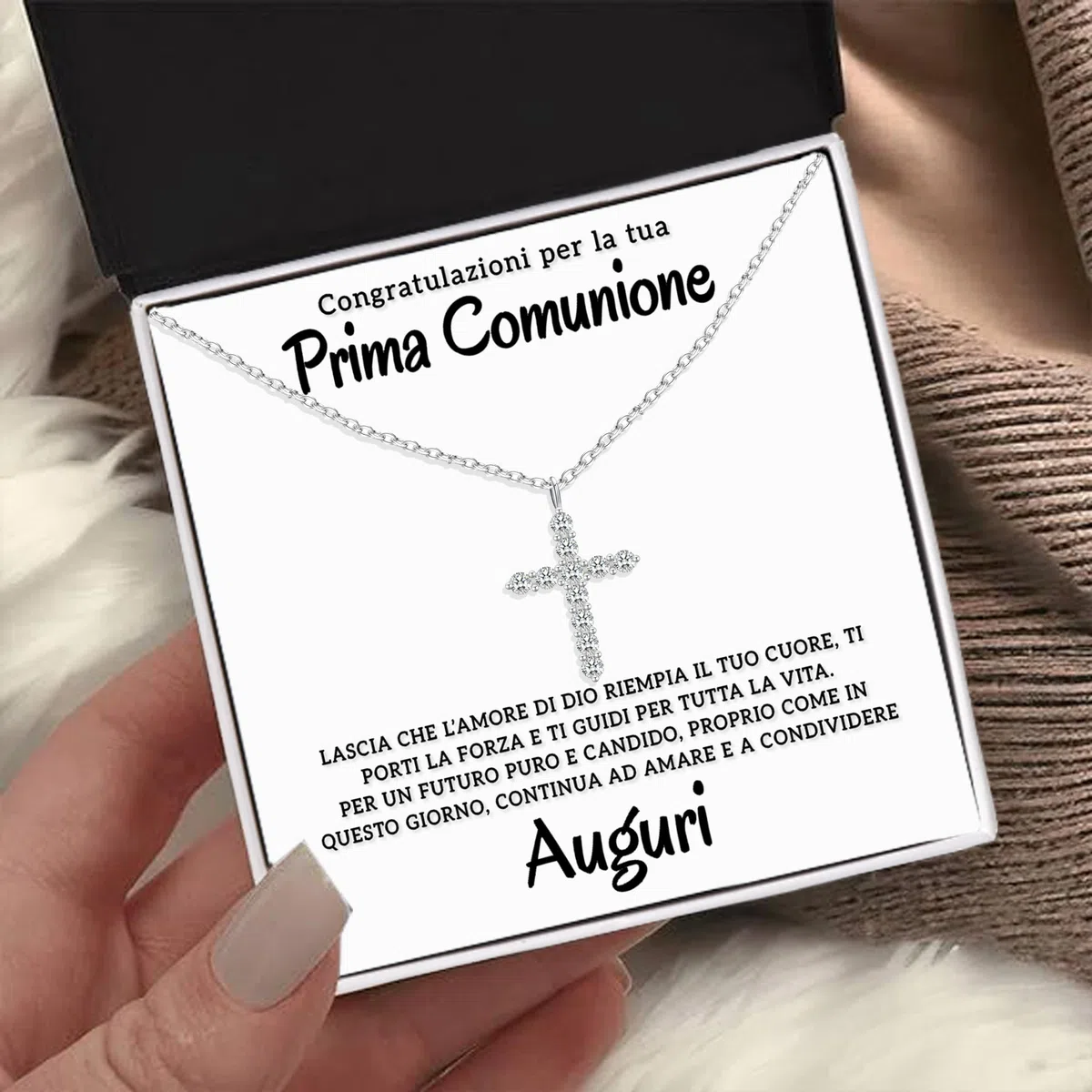 Collana Donna Croce Argento Sterling 925 Prima Comunione con Zirconia Cubica Placcatura in Oro, Bambina Regalo per lei Ragazza compleanno - Cofanetto con DEDICA incluso