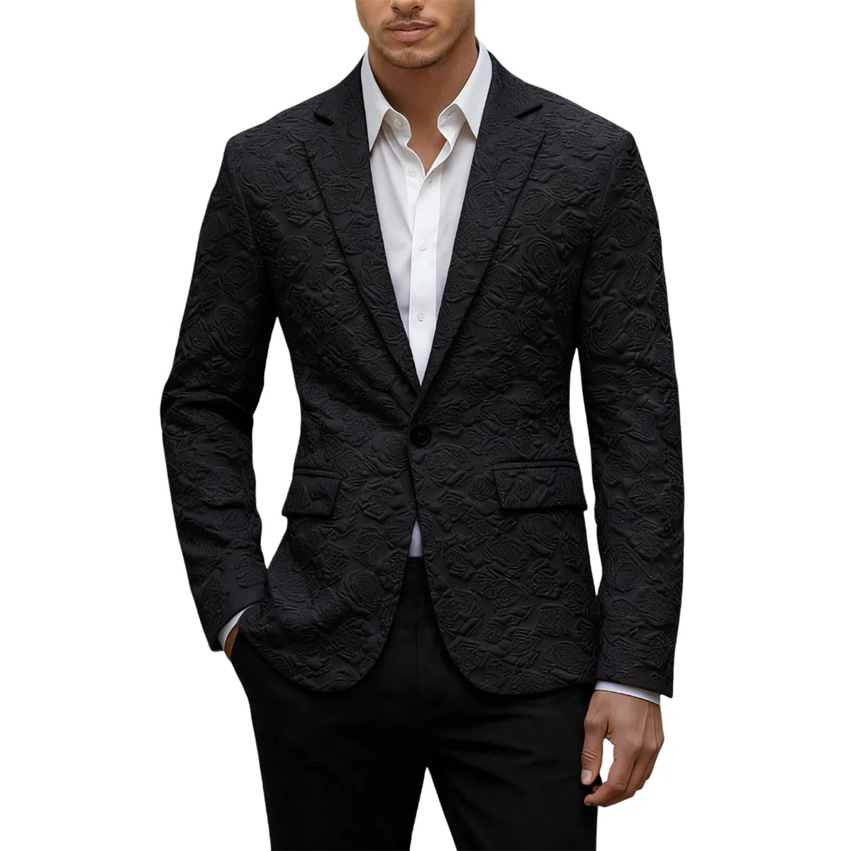 Generisch Giacca da uomo con goffratura floreale, elegante blazer jacquard per occasioni festive, giacca slim fit con superficie strutturata