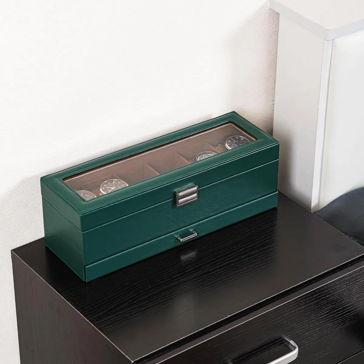ProCase Scatola per orologi con 6 scomparti, con coperchio in vetro, 2 livelli, con cuscino rimovibile, per gioielli, anelli, bracciali e collane, colore verde
