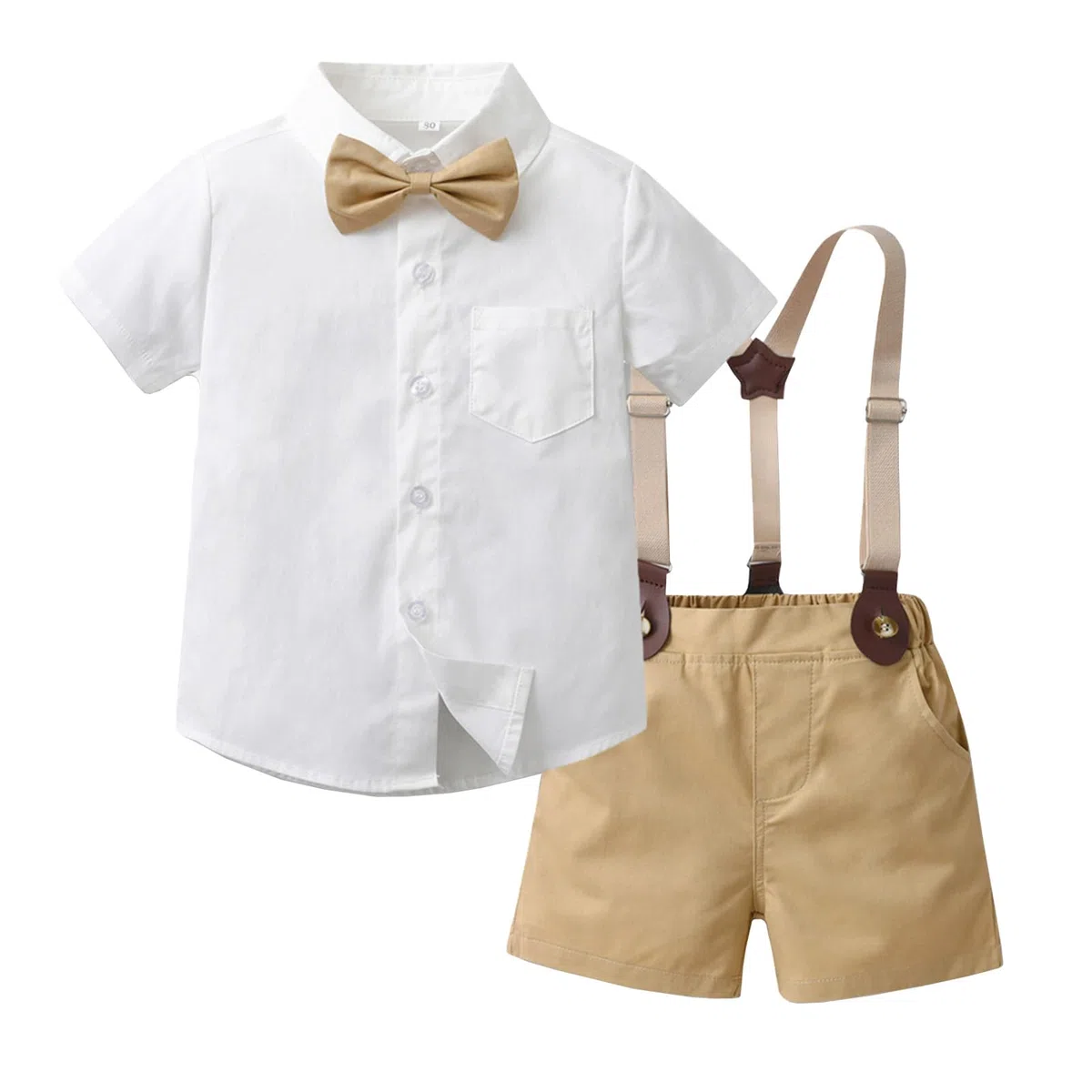 Bimbo Completini e Coordinati Gentiluomo, Camicia a Maniche Corte e Papillon + Pantaloncini con Bretelle Completo Cerimonia per Bambini e Ragazzi