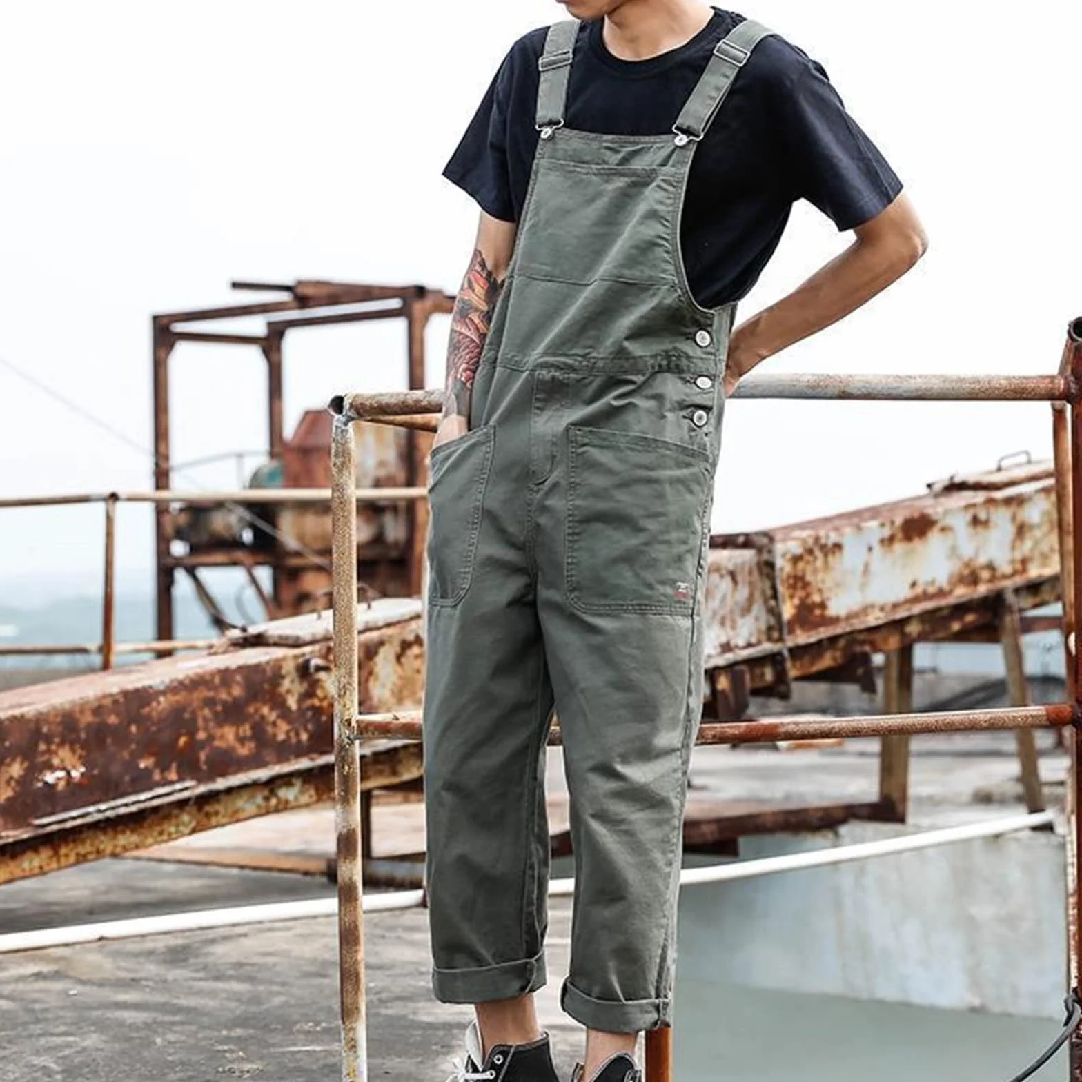QWUVEDS Salopette uomo alla moda, vestibilità rilassata, tuta casual in cotone, salopette leggere con tasche alpinista pantaloni uomo jeans slim fit jeans uomo uomo vestibilità regolare
