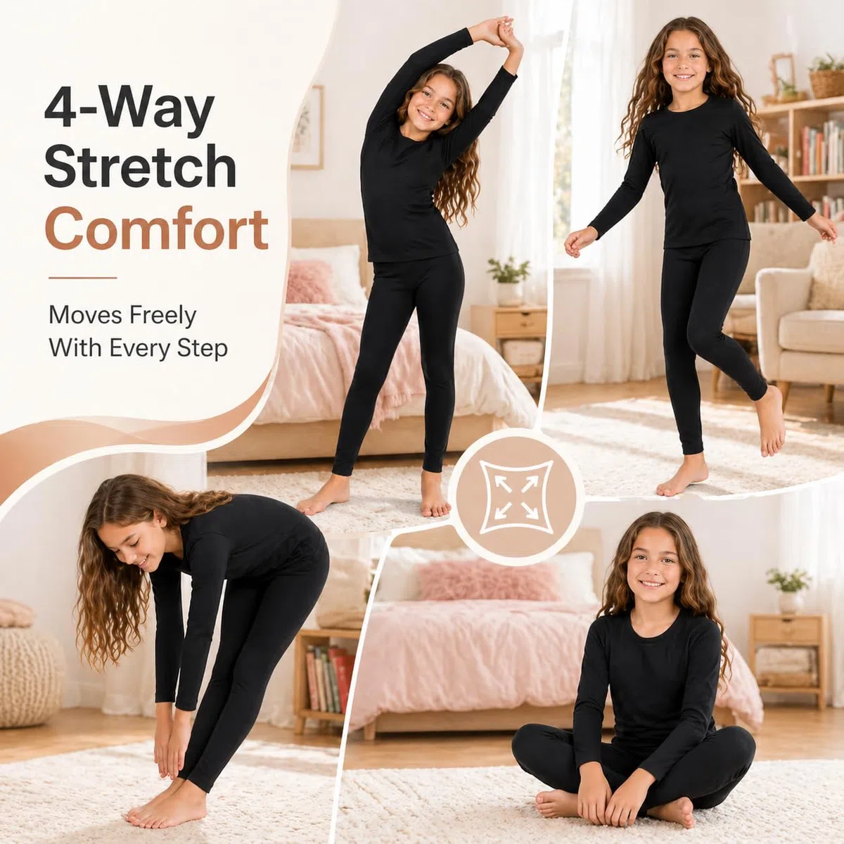 Completo Intimo Termico Bambina Invernale Maglia e Leggings Foderati in Pile, Caldo, Elasticizzato, Morbido e Traspirante (Nero, L)