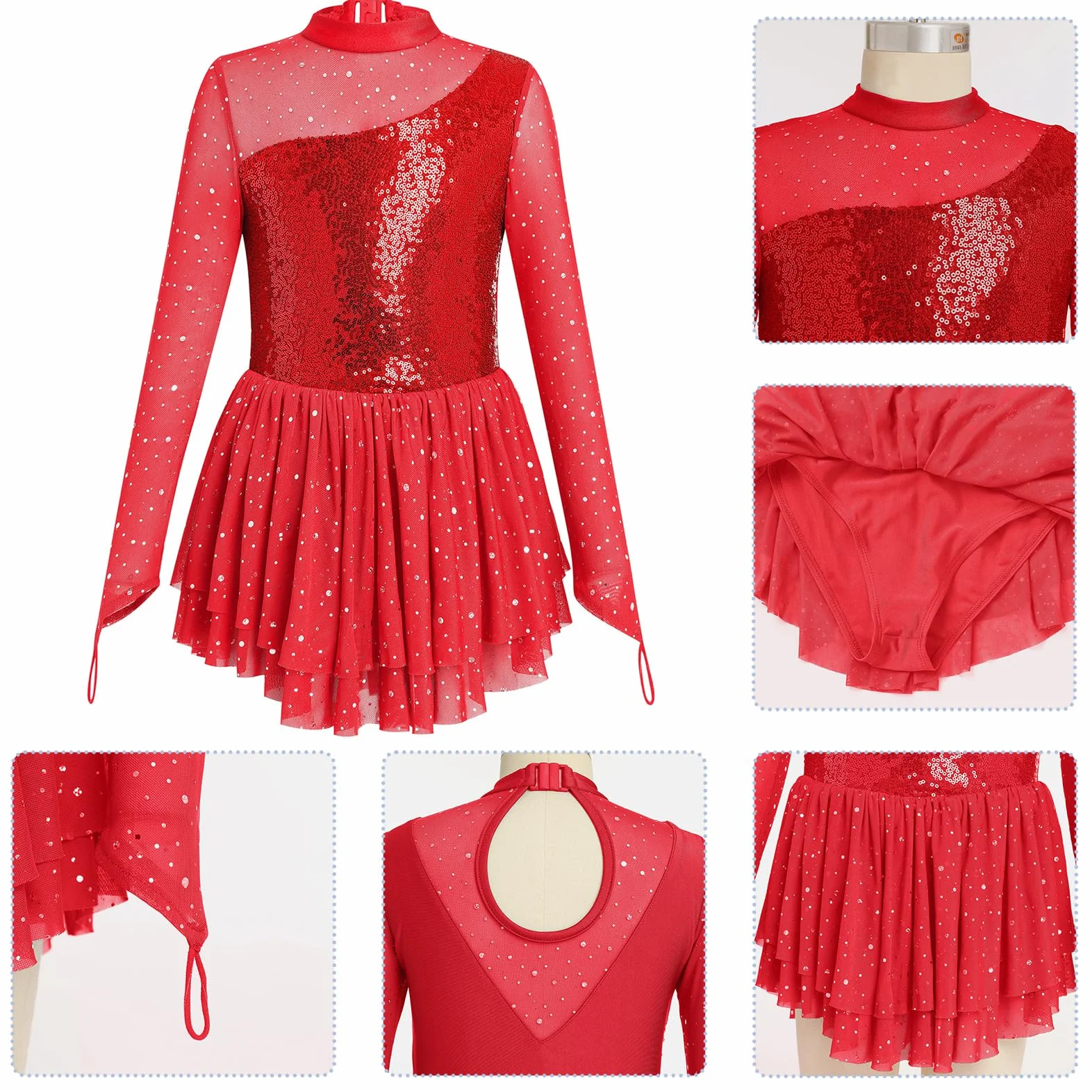 FYMNSI Vestito da pattinaggio artistico per ragazze con strass scintillanti a maniche lunghe in tulle con gonna body da ginnastica danza danza
