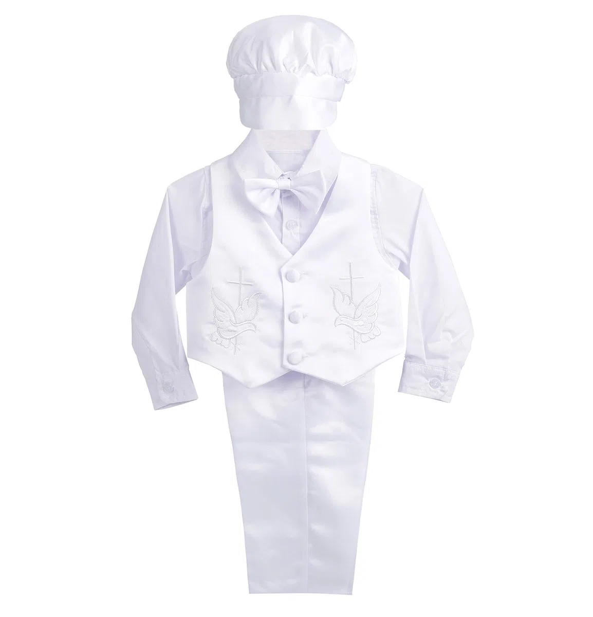 Lito Angels - Abito da Battesimo per Bimbo, Completo Bianco 5 Pezzi Set (Gilet, Camicia, Pantaloni, Papillon e Cappello), Manica Lunga