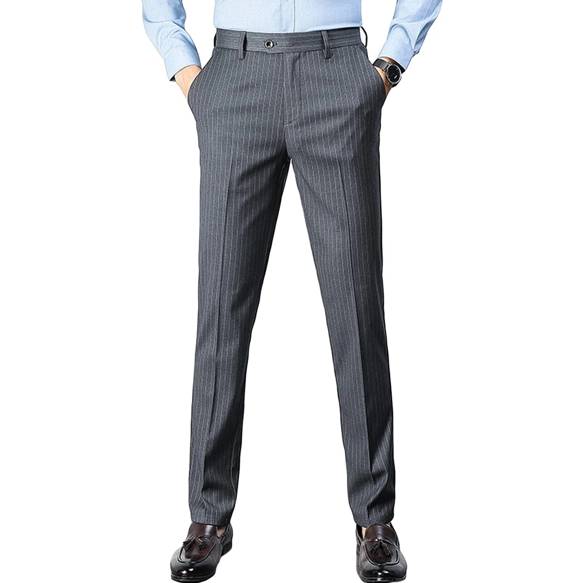 Pantaloni da uomo slim a righe casual affusolati gessato resistente alle rughe pantaloni da abito da lavoro leggeri