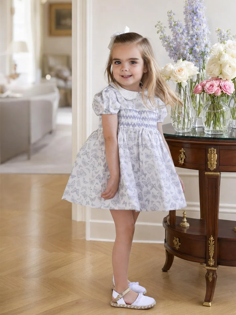 Miipat Vestito in Cotone per Bambina con Motivi Floreali Smockati, Vestito Estivi Vintage Bambine Maniche a Sbuffo e Colletto Peter Pan Abito Casual per Ragazze