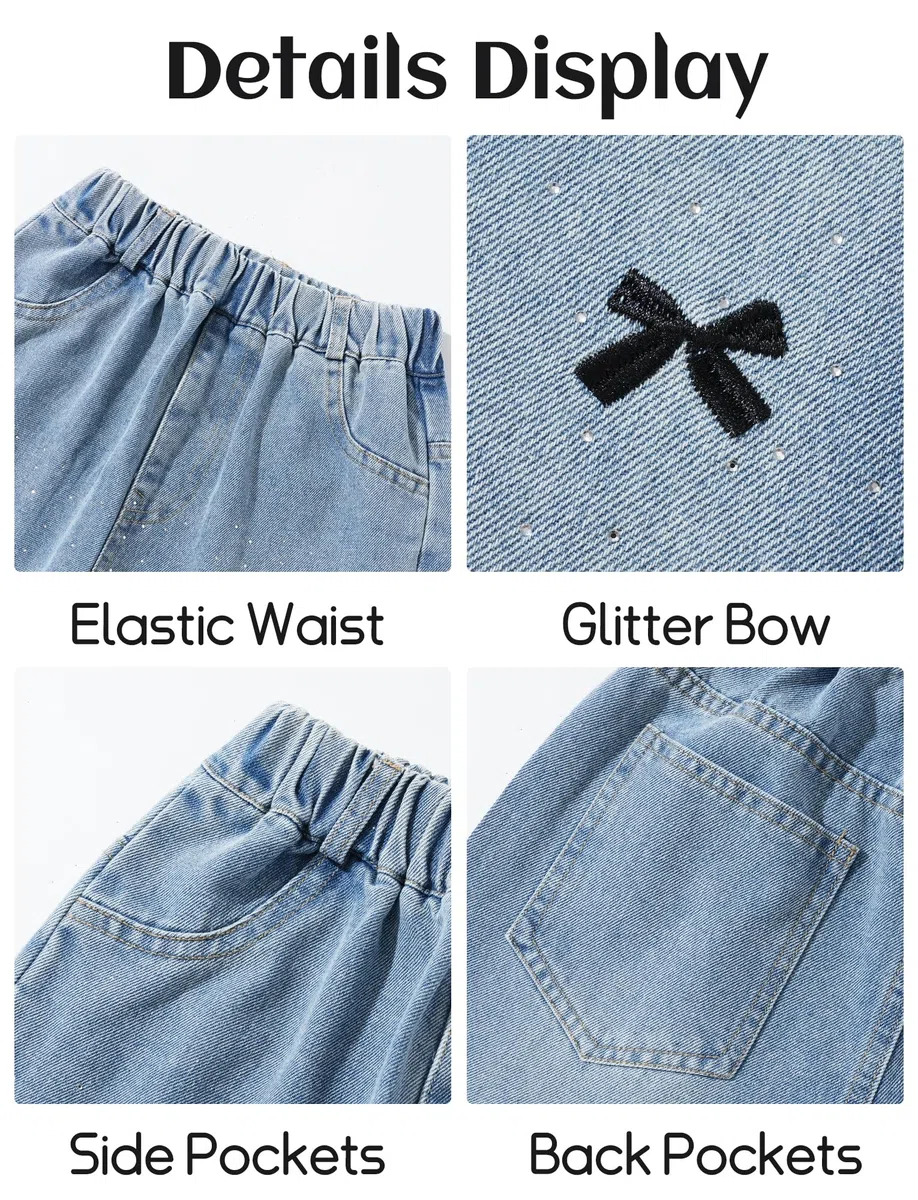 FEOYA Jeans Baggy per Bambina 5-13 Anni, Vita Elastica, Tasche, Denim Vintage con Cuori, Wide Leg Pantaloni Larghi per Ragazza