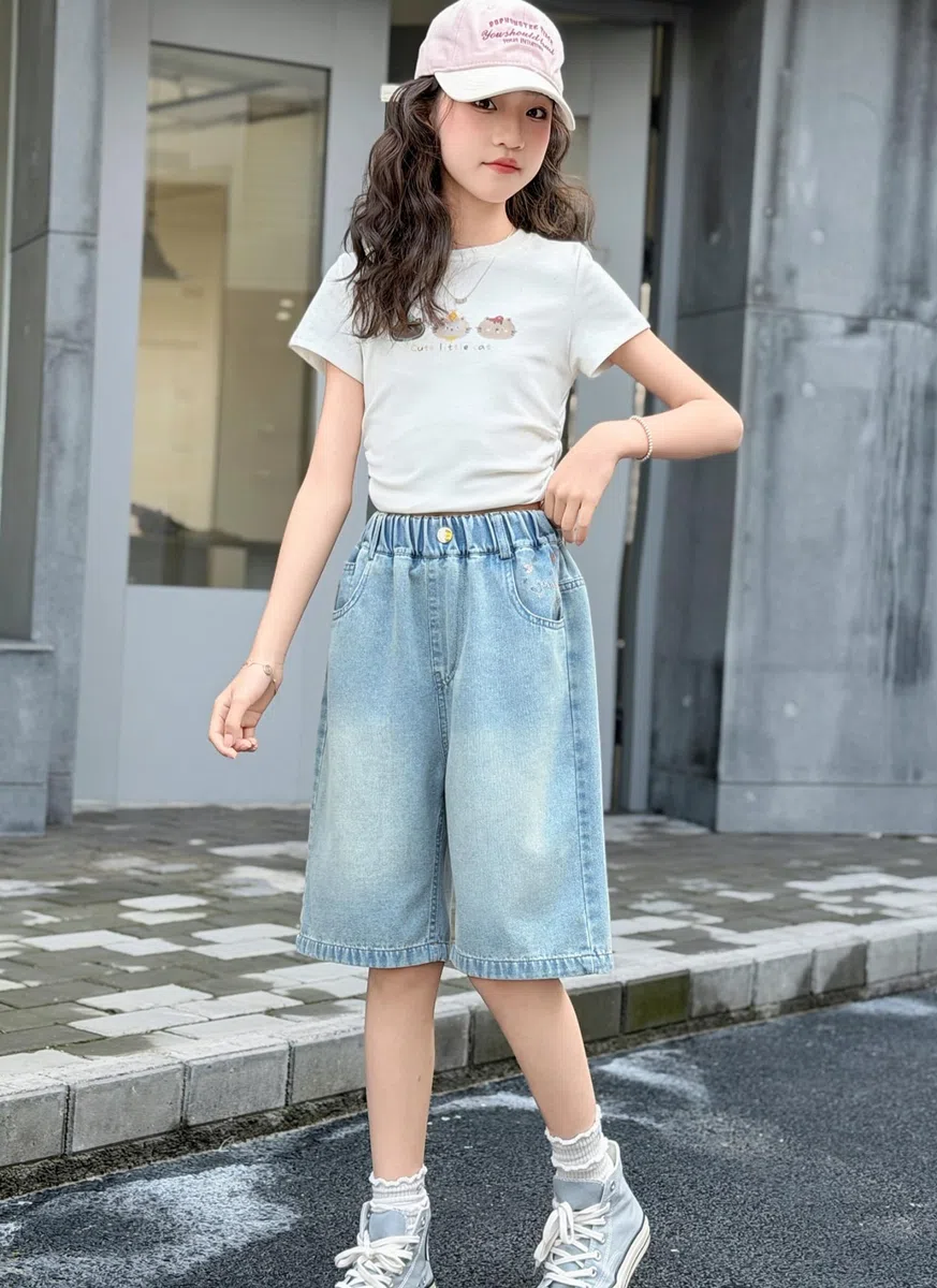 Rolanko Pantaloncini di Jeans per Ragazze, Vita Elastica Bermuda Gambe Larga Shorts Denim Estivi al Ginocchio