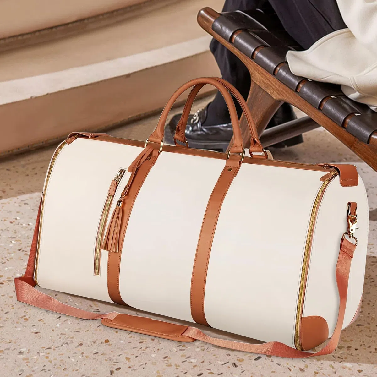 Borsone da Viaggio, Porta Abiti da Viaggio, Travel Bag con Custodia Per Scarpe, Grande Borsa da Viaggio Donna, Borsa da Viaggio Porta Abiti Pieghevole, Borsa Per Valigie Sospesa 2 In 1 (Bianco)