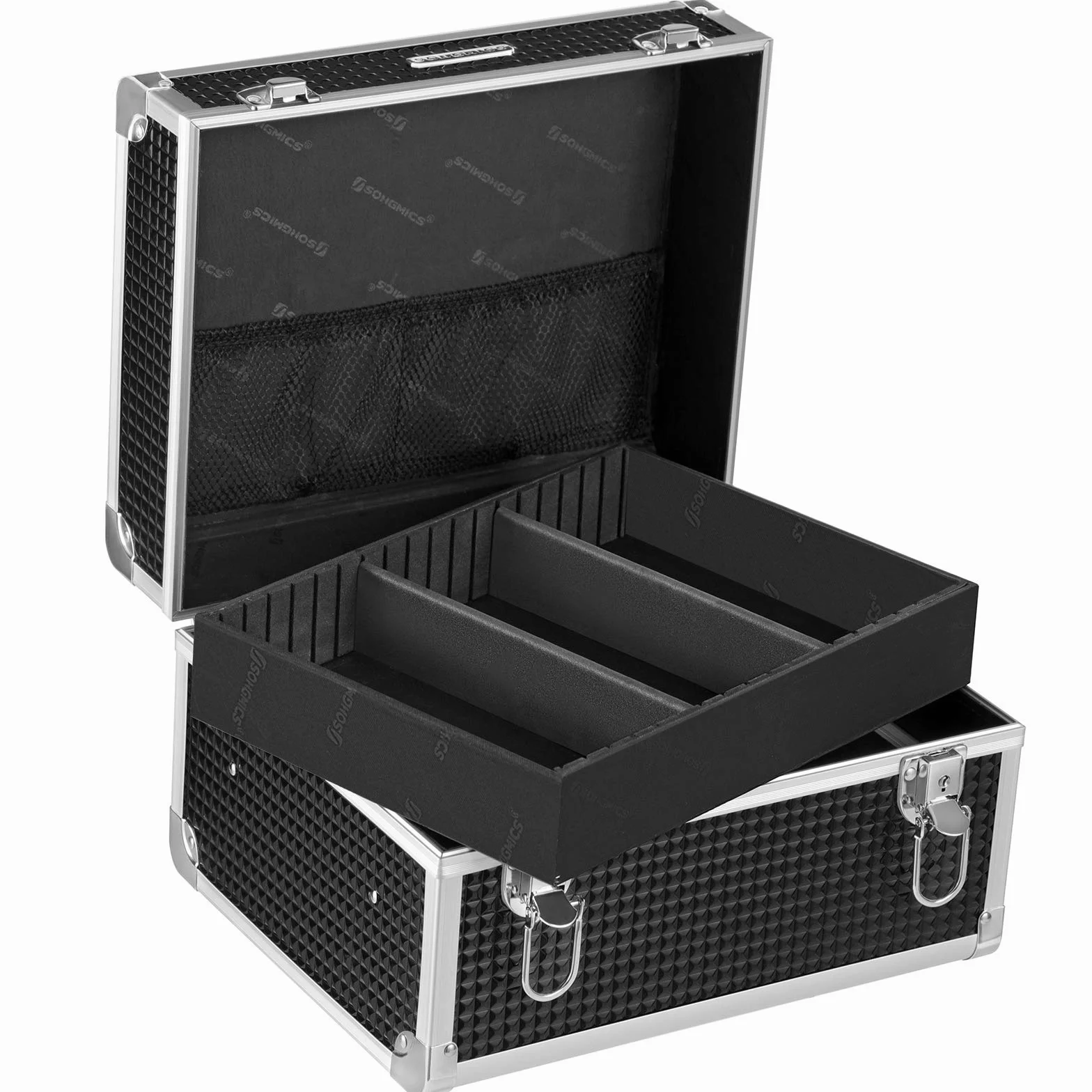 SONGMICS Valigetta per Cosmetici, Beauty Case Professionale, Cofanetto da Viaggio Porta Trucchi per Parrucchieri e Truccatori, con Vassoio Rimovibile e Serrature, Nero JBC328B01