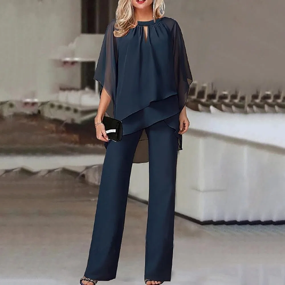 Completi da 2 Pezzi da Donna Abiti Eleganti per Un Matrimonio Set di Pantaloni a Gamba Larga in Chiffon Irregolare Formale per la Festa Serale