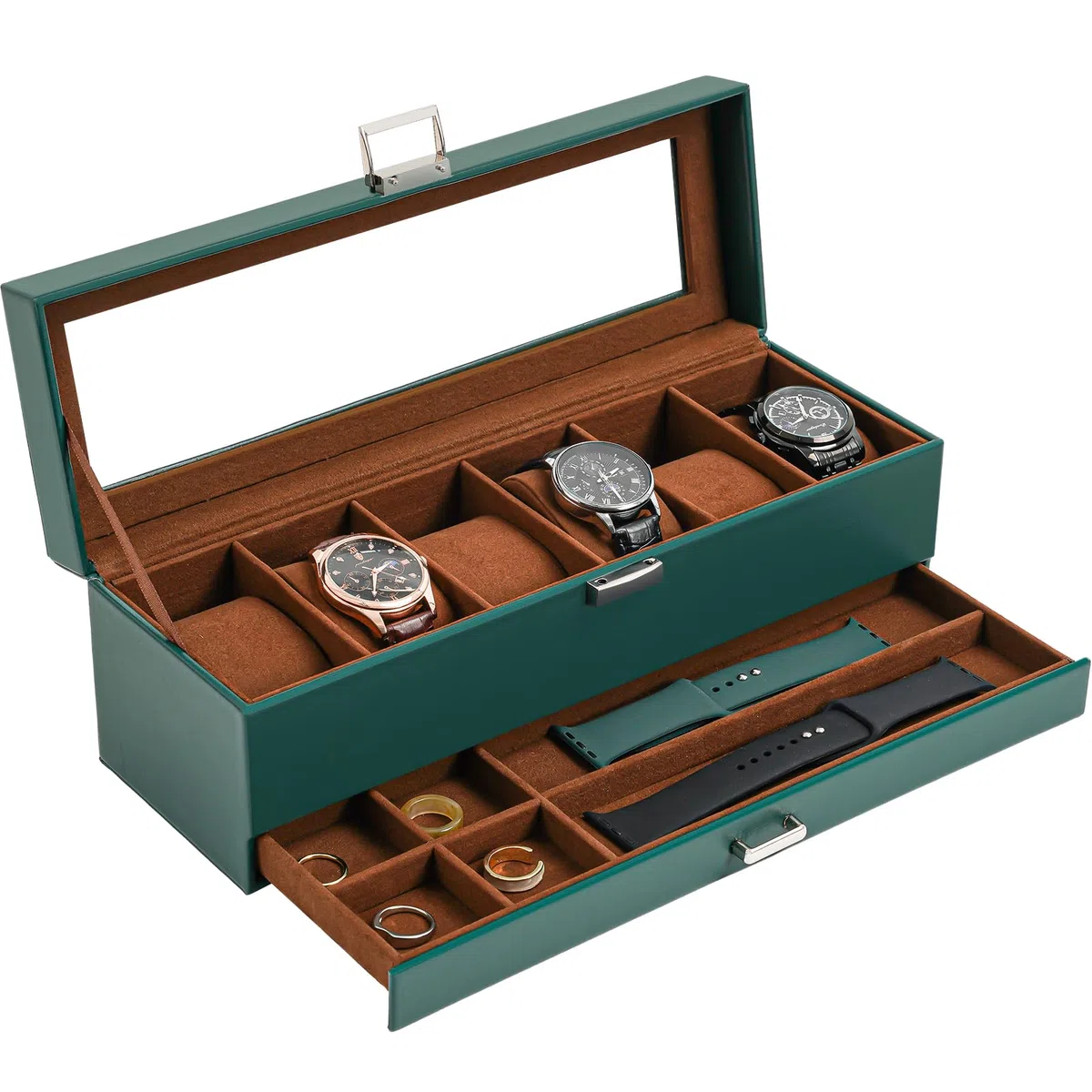 ProCase Scatola per orologi con 6 scomparti, con coperchio in vetro, 2 livelli, con cuscino rimovibile, per gioielli, anelli, bracciali e collane, colore verde
