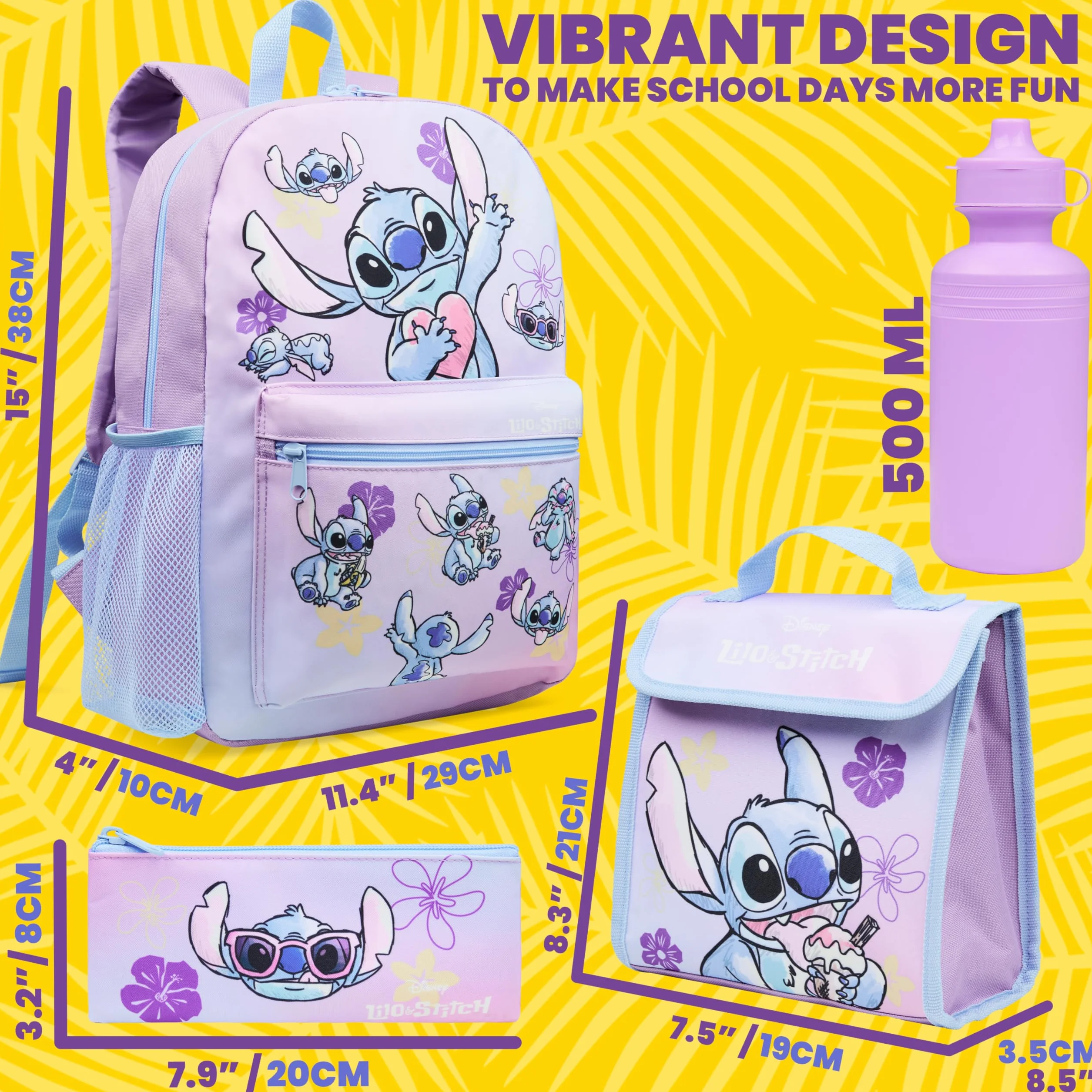 Disney Stitch Zainetto Bambina Ragazza Set 4 Pz con Borraccia Bambini Astuccio Scuola Borsa Portapranzo Accessori Scuola
