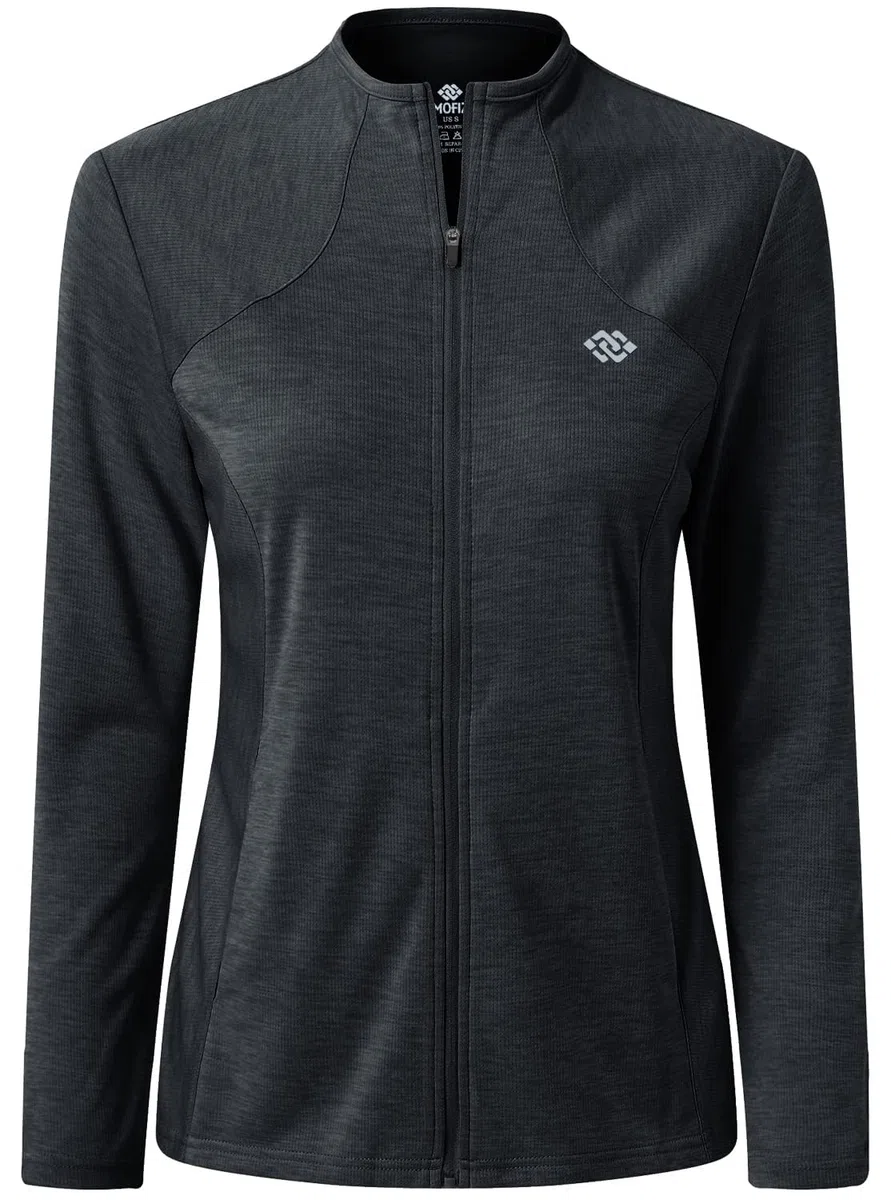 MoFiz Donna Giacca Leggera Manica Lunga Traspirante Slim Felpa Sportiva Senza Cappuccio Zip Intera Top da Tuta per Corsa Training Escursionismo con Tasche Grigio Scuro 3XL