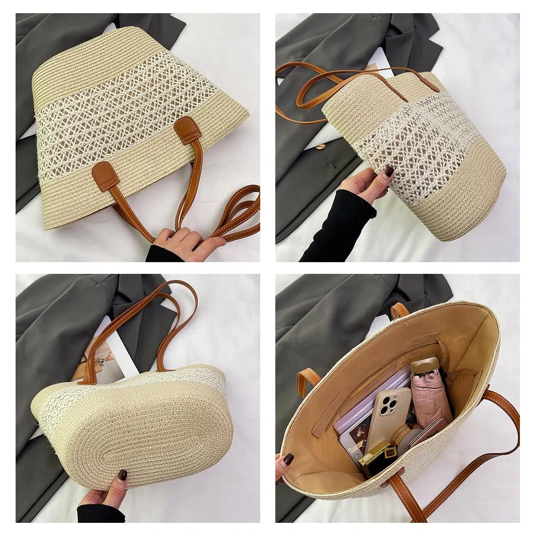 Pahajim Set Borsa e Cappello di Paglia Tote Bag in Rafia Borse Estive Donna Elegante Borse a Spalla per Spiaggia Viaggio Vacanza