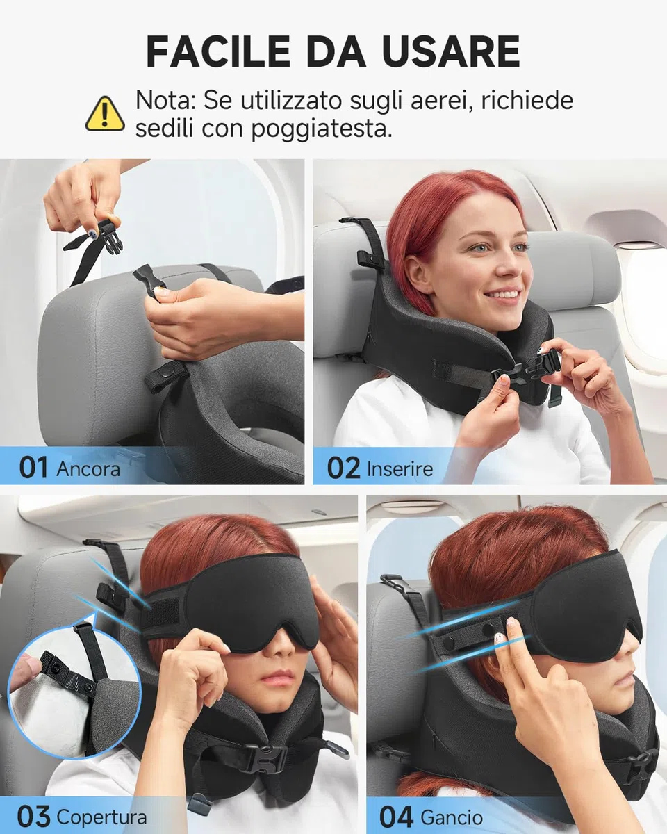 Umisleep Cuscino da Viaggio Memory Foam, Cuscino Cervicale per Aereo con Supporto 360°, con Maschera Occhi 3D, Cuscino da viaggio anticaduta testa per aereo, Ideale per Voli Lunghi (Nero)