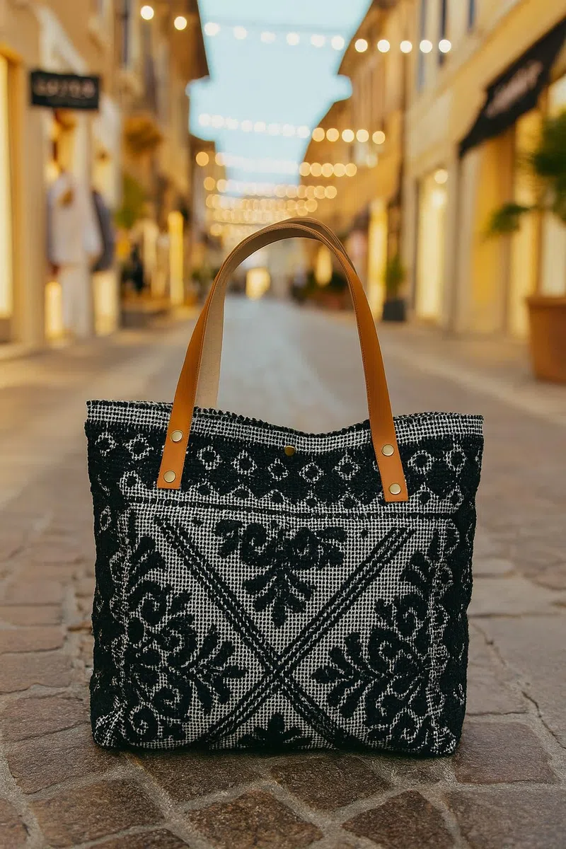 Borsa Mare Artigianale in Cotone, Bottone magnetico, Manici in Cuoio, Leggera e Pieghevole, Ampia Capacità - Donna - Shopping, Viaggio, Campeggio - Sarda MADE IN ITALY