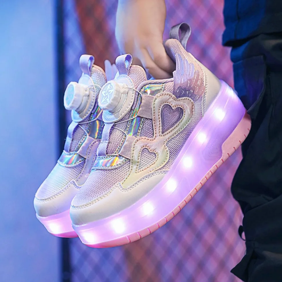 Mateju Scarpe con Rotelle da Bambina, Pattini a Rotelle Retrattili Automatici, Skateboard Sneakers Scarpe Sportive con Rotelle Doppia, Scarpe da Ginnastica Lucide Moda per Bambini