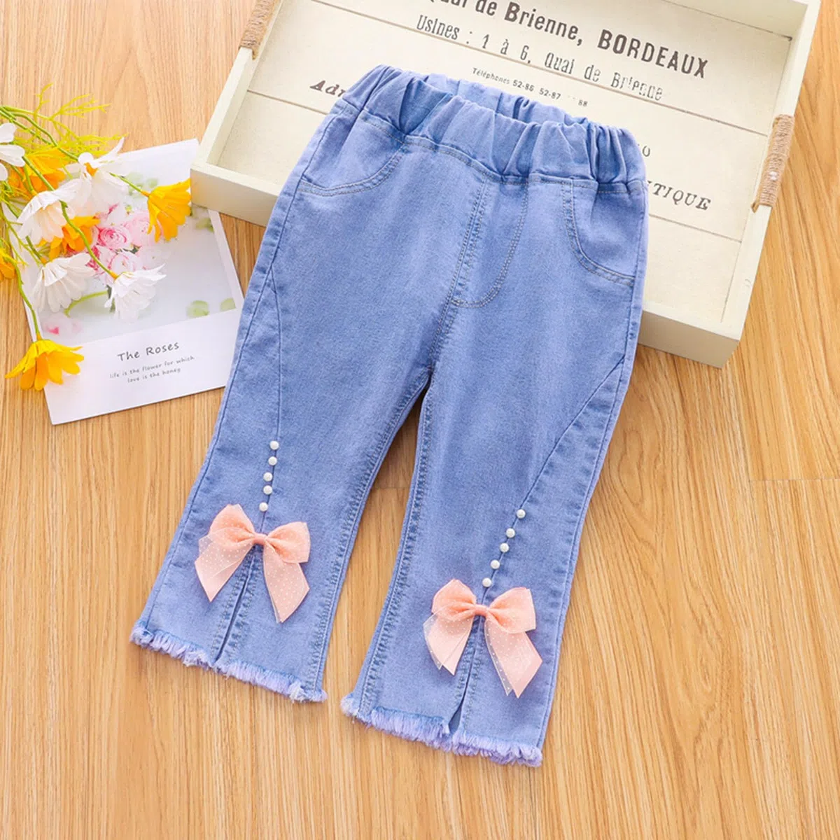 Generisch Pantaloni Capri Jeans per neonati, bambine, bambini, jeans, morbidi jeans con elastico in vita, per bambini, abbigliamento estivo