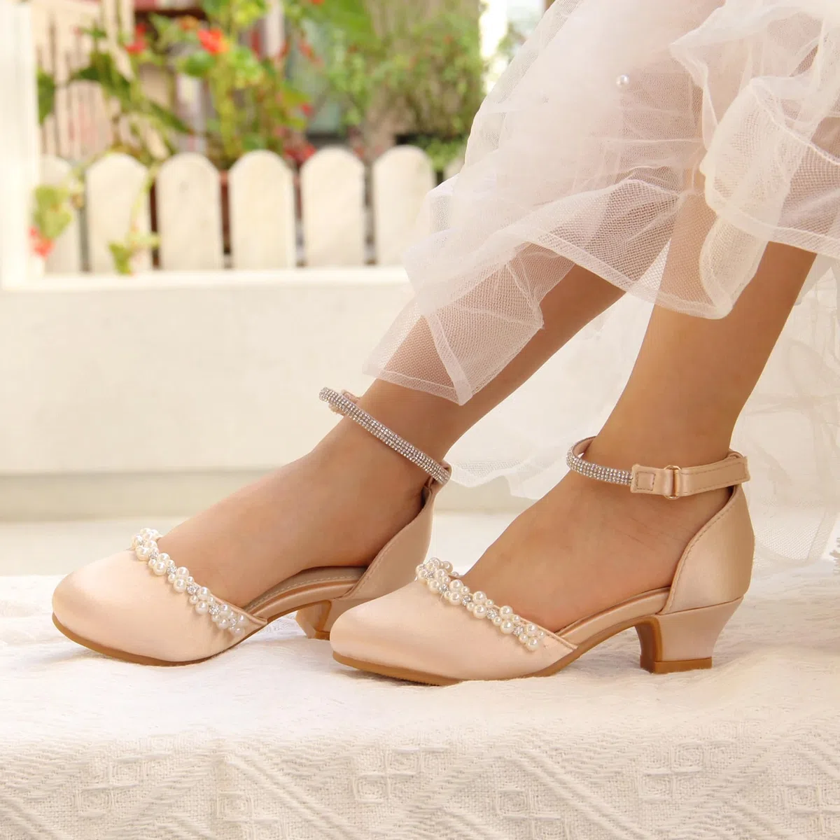 EIGHT KM Scarpe Mary Jane con Tacco Alto da Ragazza Principessa per Matrimonio e Festa EKM7033 Seta Liscia Lucida perlacea