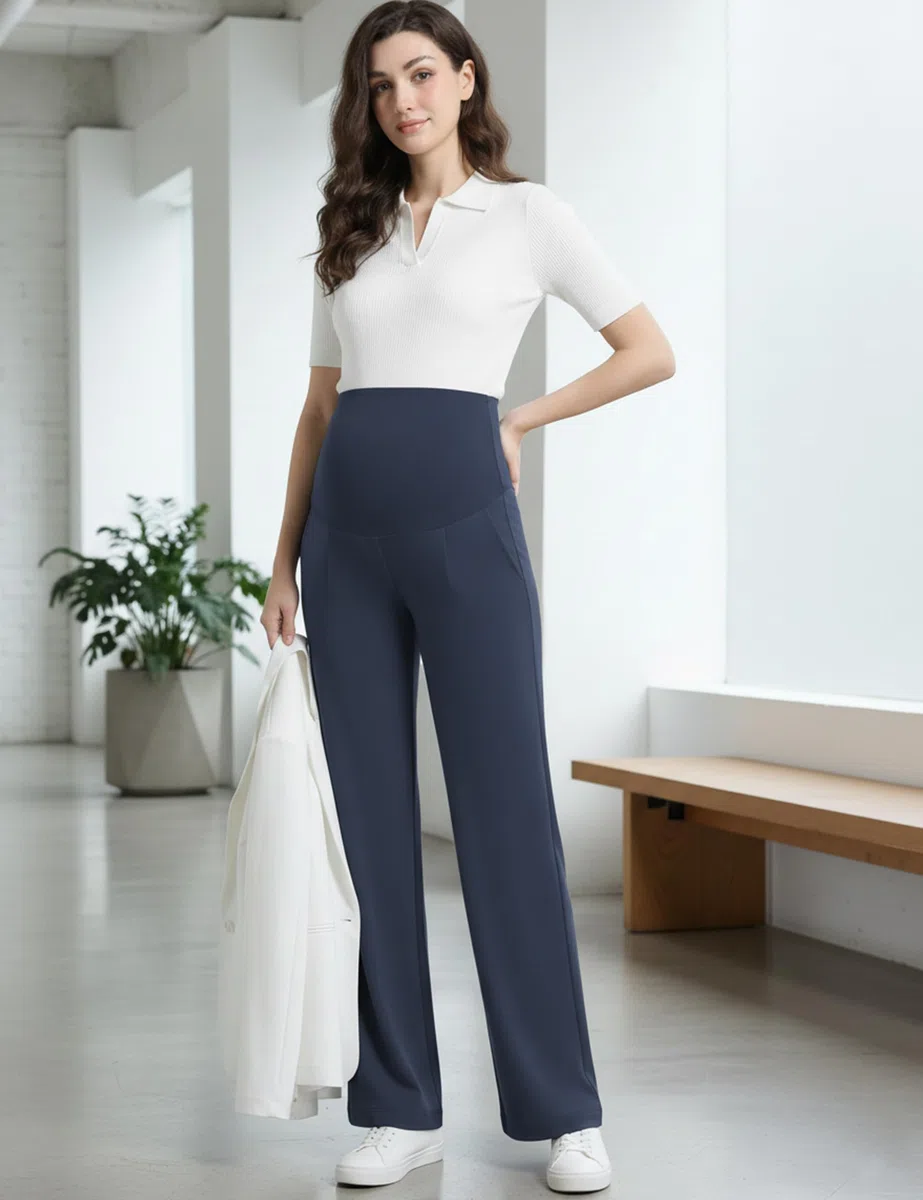 Pantaloni premaman da donna a gamba larga, a vita alta, elasticizzati, per ufficio, lavoro, lounge con tasche