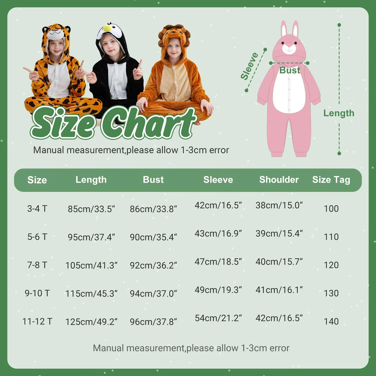 HAHASHOW Pigiama Bambini Tuta Onesie Bambina Onesie con Capucha in Morbido Ragazze Ragazzi Cartone Animato Animali Costumi Cosplay Carnevale Halloween 3-12 Anni