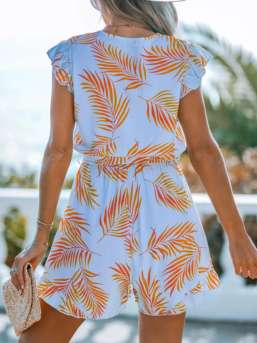 CUPSHE Tuta da donna con scollo a V, maniche svolazzanti, stampa tropicale, cravatta in vita, gamba larga, estiva, da spiaggia