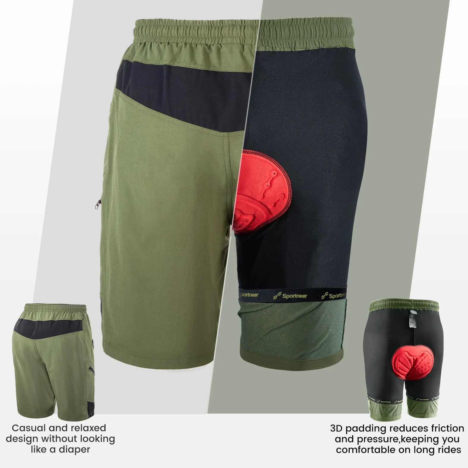 Sportneer Pantaloncini da MTB, Pantaloncini da Ciclismo da Uomo Imbottiti in 3D Pantaloni Traspiranti per Biciclette MTB Pantaloncini da Ciclismo per Esterno