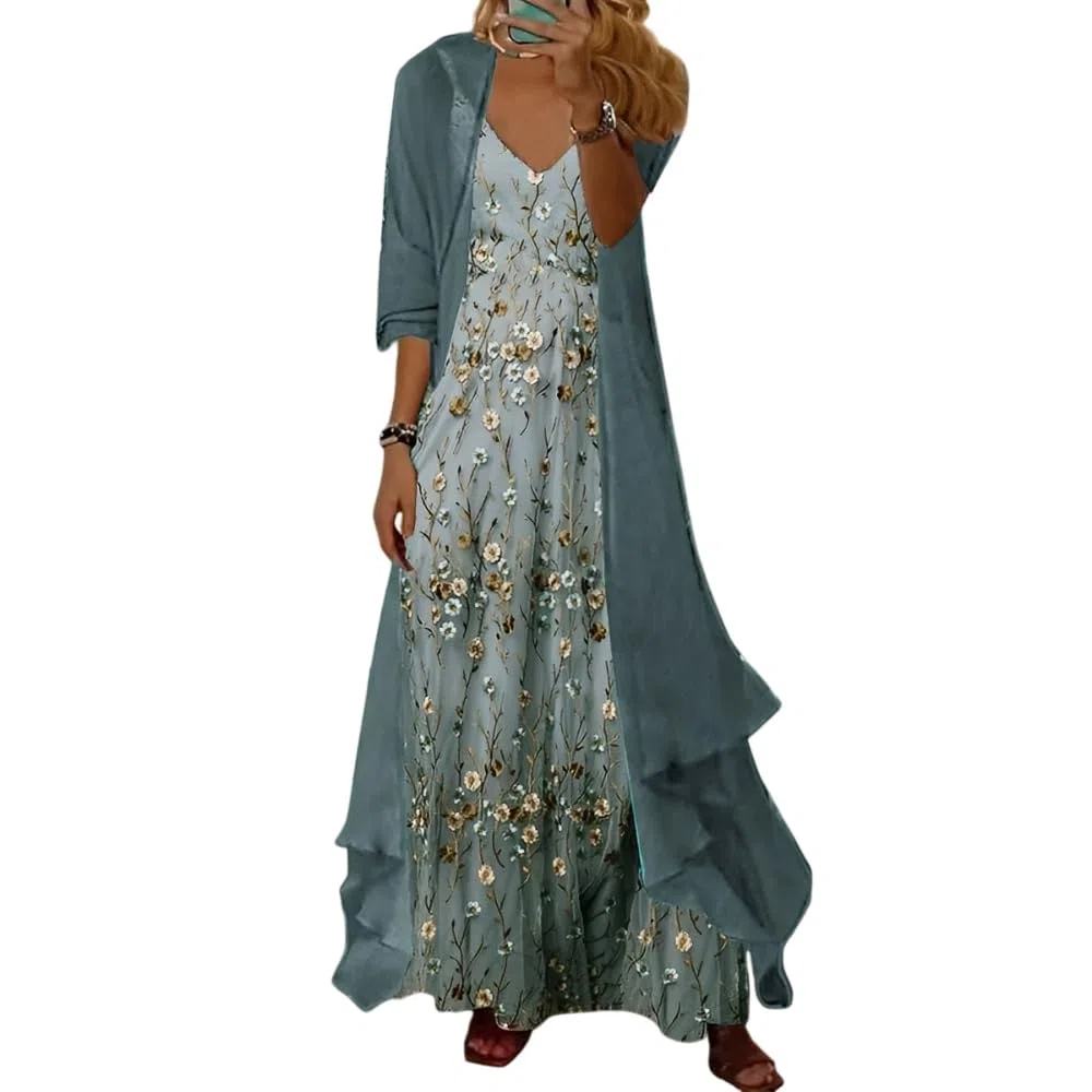 Donna Casual 2 Pezzi Set Boho Floreale Stampa Maxi Abito con Cardigan Fluido Chiffon Abiti da Sposa per le Donne