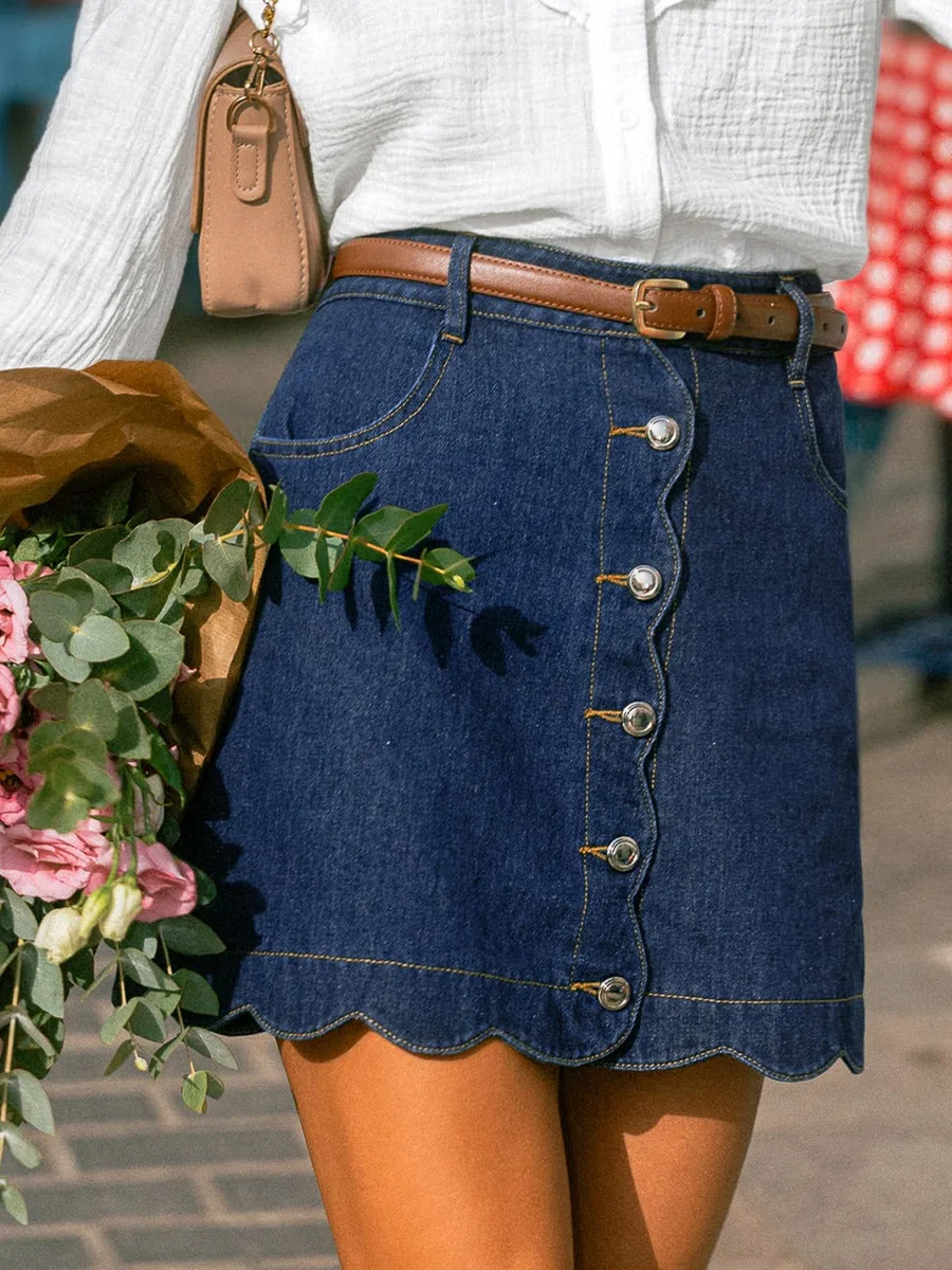 CUPSHE Gonna da donna in denim, casual, a vita alta, linea ad A, orlo smerlato, mini gonna di jeans con tasche