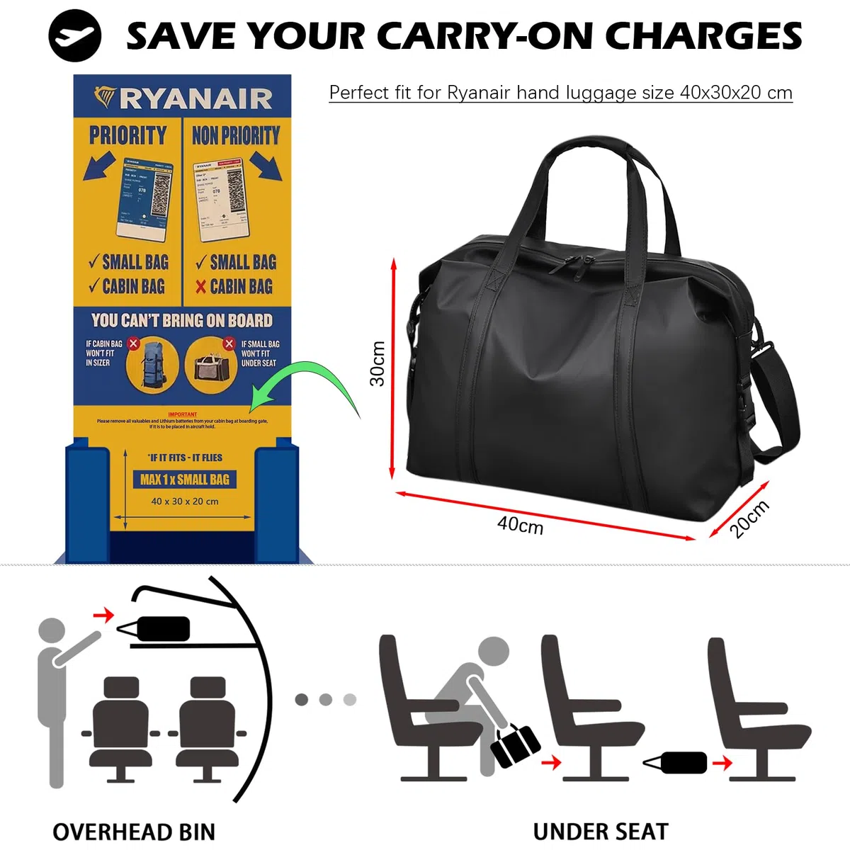 Bagaglio a Mano 40x30x20 Borsa da cabina Ryanair, Borsa da Viaggio in Pelle PU con Tracolla, Borsone da Viaggio per Uomo e Donna