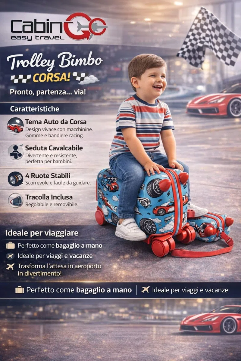 Cabin go - trolley cavalcabile bambino misura 48x31x22 - trolley bambino bagaglio a mano - valigia cavalcabile