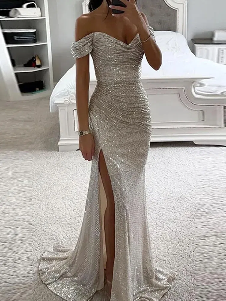 shownicer Abito da Donna Senza Maniche Scollo V Paillettes Vestito con Spacco Elegante Maxi Abito Lungo da Sera Cerimonia Cocktail Nozze Festa
