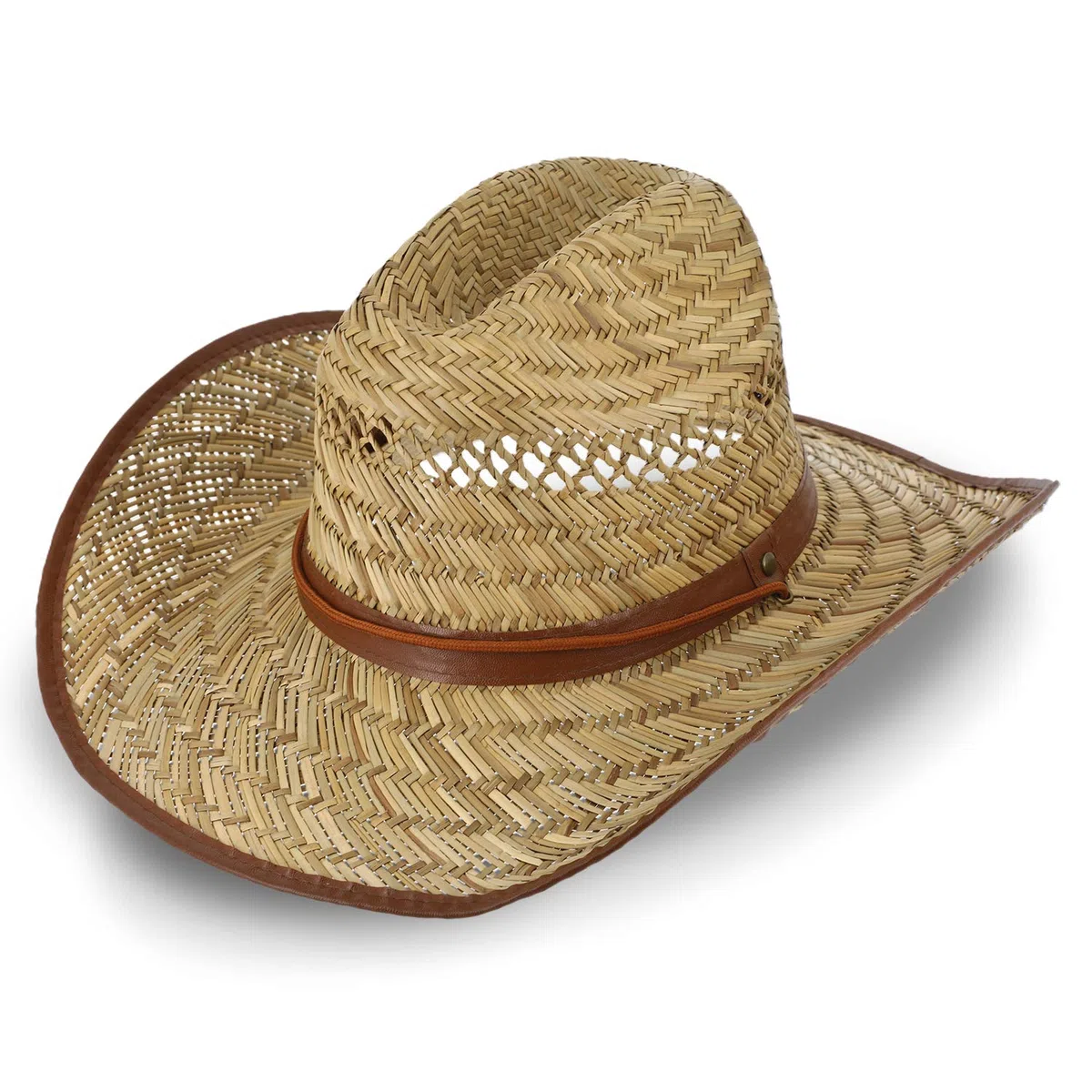 fiebig Cappello Western per Donna e Uomo | Cappello da Cowboy con sottogola | Cappello di Paglia con Cinturino in Ecopelle | Visiera Parasole
