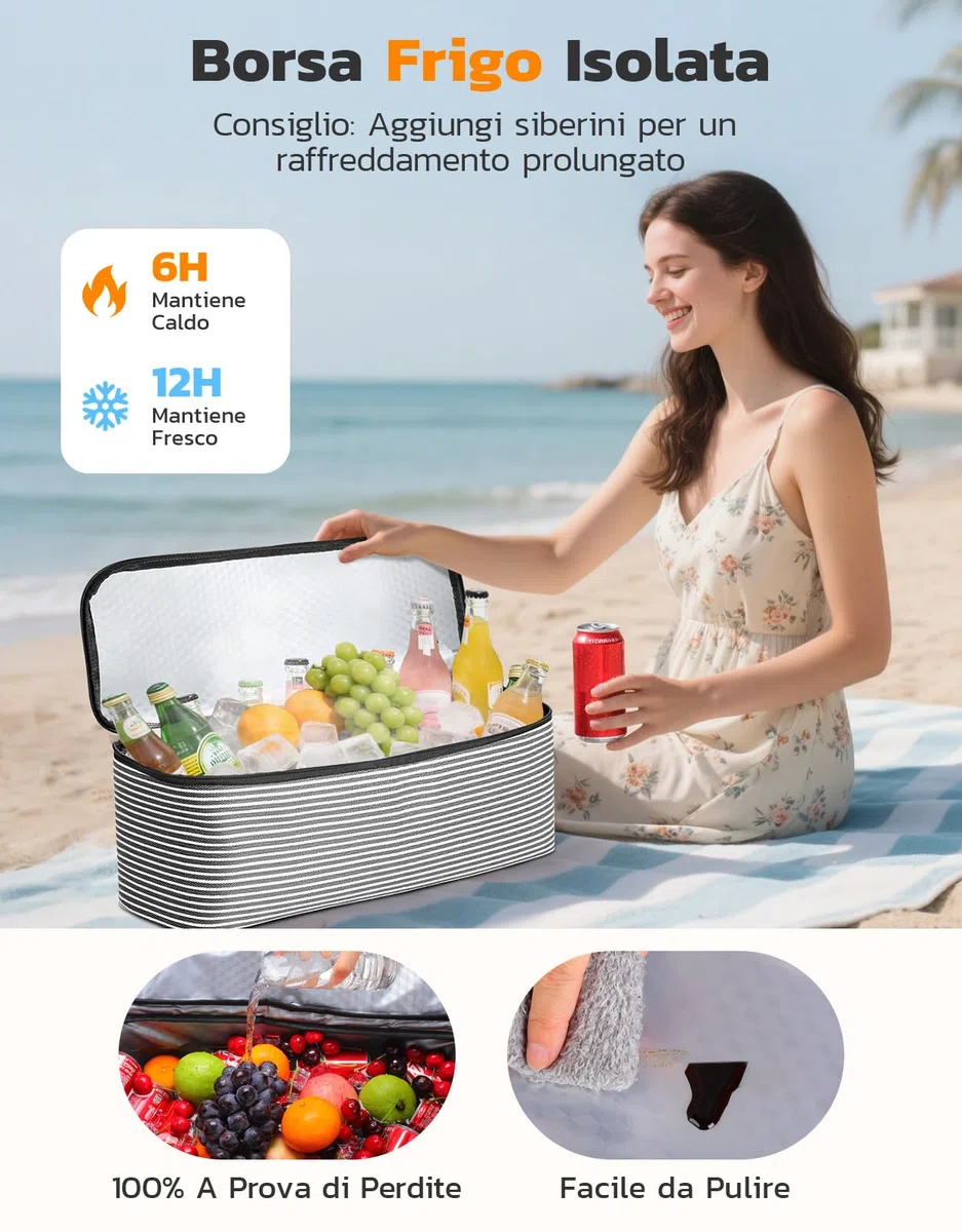 ISEYOU Borsa Mare Donna Grande & Borsa Frigo di Set, Borse Mare Resistente all'Acqua da 45L con Chiusura a Cerniera, Borsa Spiaggia XXL Famiglia Pieghevole, con 8 Tasche per Piscina, Picnic e Viaggi