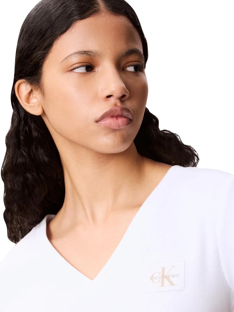 Calvin Klein Donna T-Shirt Maniche Corte Woven Label Rib Tee con Scollo a V