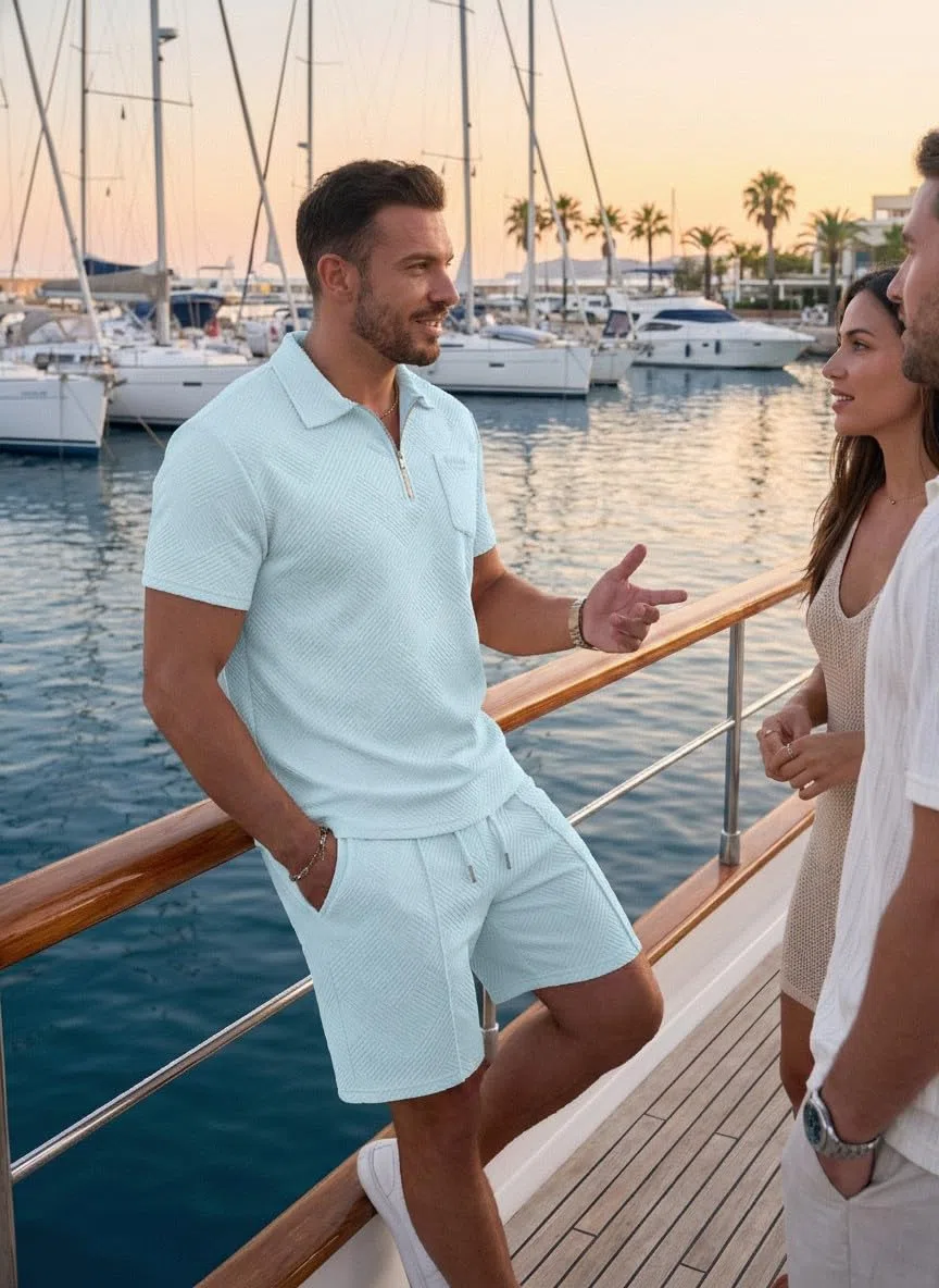 QIXING Set polo da uomo con pantaloncini e maglietta da uomo, estivi, 2 pezzi, abbigliamento da vacanza, con mezza zip