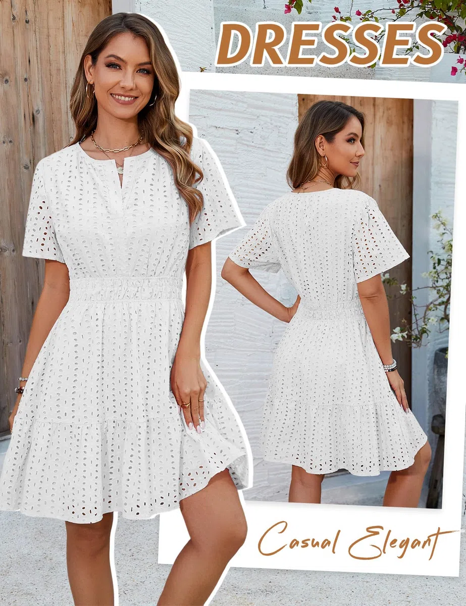 Yuson Girl Vestito Estivo Donna Scollo a V Abito Corto Maniche Corte Cotton Comodo Abito Vuoto Abito Mare Spiaggia Vestiti Casuale Eleganti Vita Alta Abiti Mini